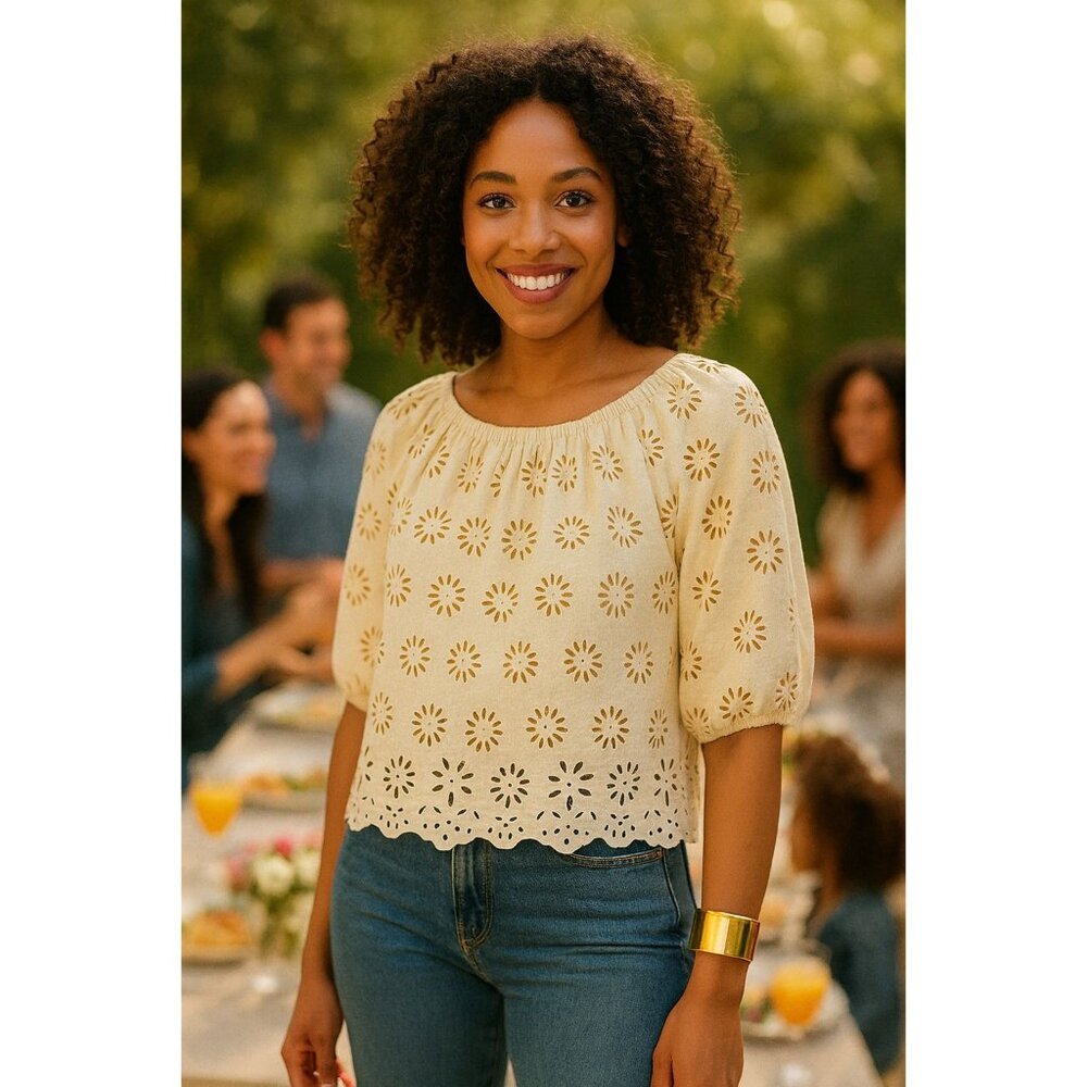Madewell Embroidered Shirred Puff-Sleeve Top Women's Small Ivory Floral Eyelet - Picture 3 of 16